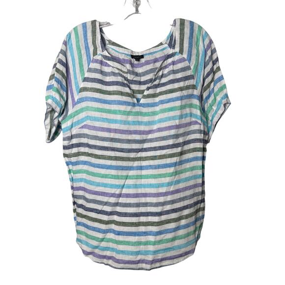 Talbots 100% Linen Striped Top Size M Blue Green Purple Short Sleeve Casual - Picture 1 of 7
